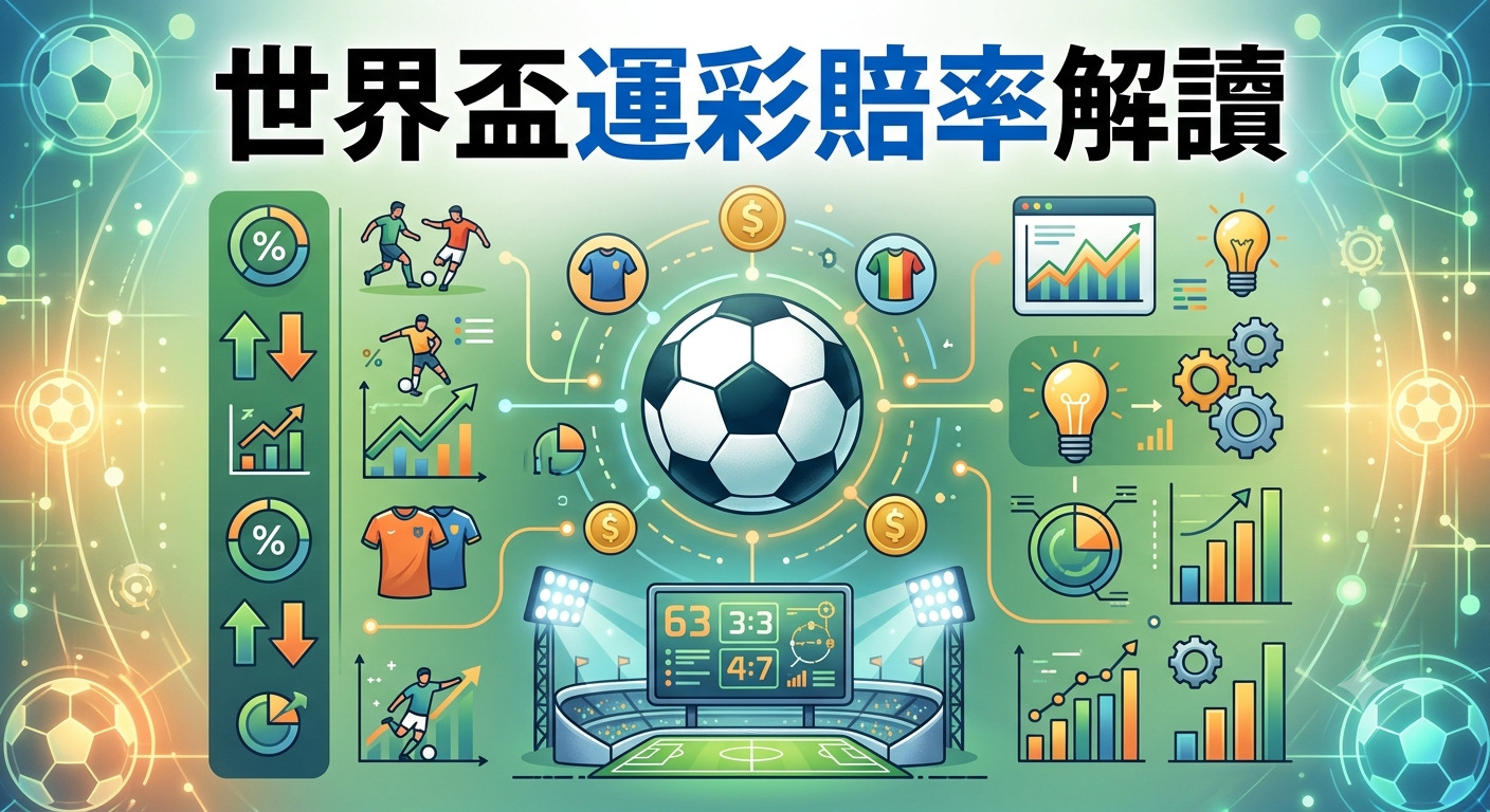 這張圖片以「世界盃運彩賠率解讀」為主題，運用足球元素結合數據圖表與分析圖示，呈現出運動賽事與博彩分析的專業感。整體畫面透過明亮的科技風格，將賽事解讀與賠率變化轉化為易於理解的視覺資訊。