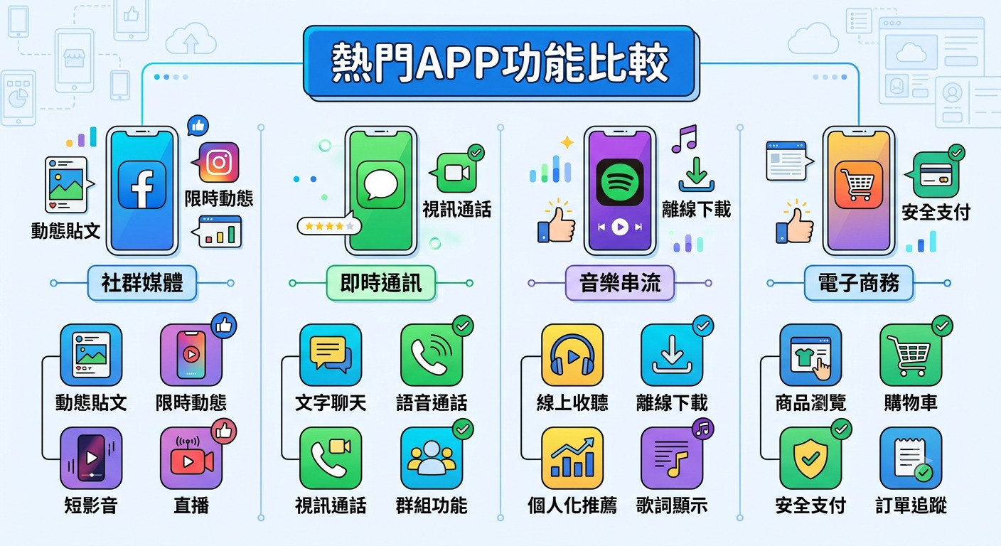 這張圖片以「熱門APP功能比較」為題,透過圖表形式清晰展示了社群媒體、即時通訊、音樂串流與電子商務四大類應用程式的核心功能。 圖中運用簡潔的圖標與分類,對比各類APP在動態貼文、視訊通話、離線下載及安全支付等方面的應用特色。